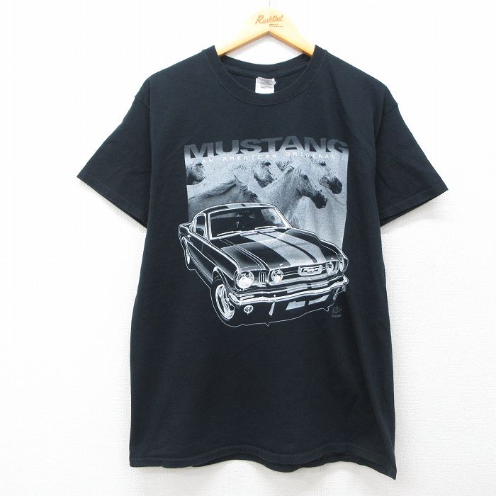 L★古着 半袖 ビンテージ Tシャツ メンズ 00年代 00s 車 クラシックカー ムスタング 馬 コットン クルーネック 黒 ブラック 25jul26 中古