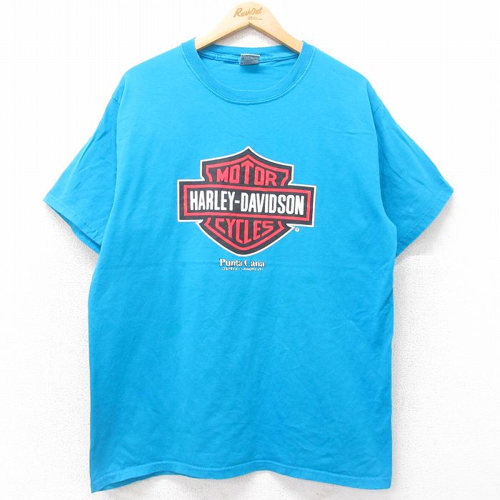 XL★古着 半袖 ビンテージ Tシャツ メンズ ハーレーダビッドソン Harley Davidson ビッグロゴ コットン クルーネック 水色 【spe】 25jul26 中古