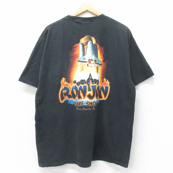 XL★古着 ロンジョン 半袖 ビンテージ Tシャツ メンズ 00年代 00s スペースシャトル 胸ポケット付き コットン クルーネック 黒 ブラック 25jul26 中古