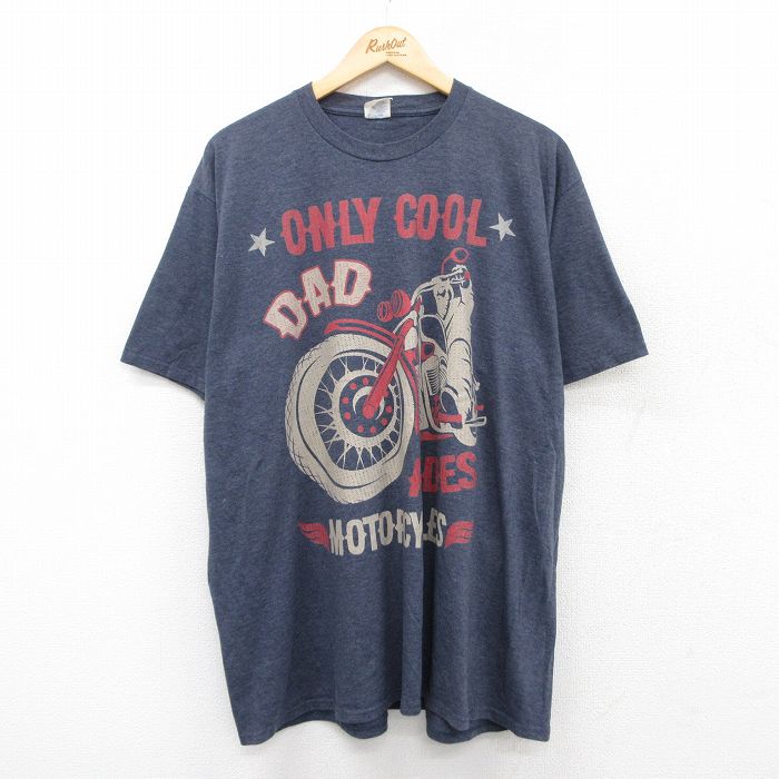 半袖Tシャツ MOTORCYCLEプリント 霜降り ネイビー XL | 古着