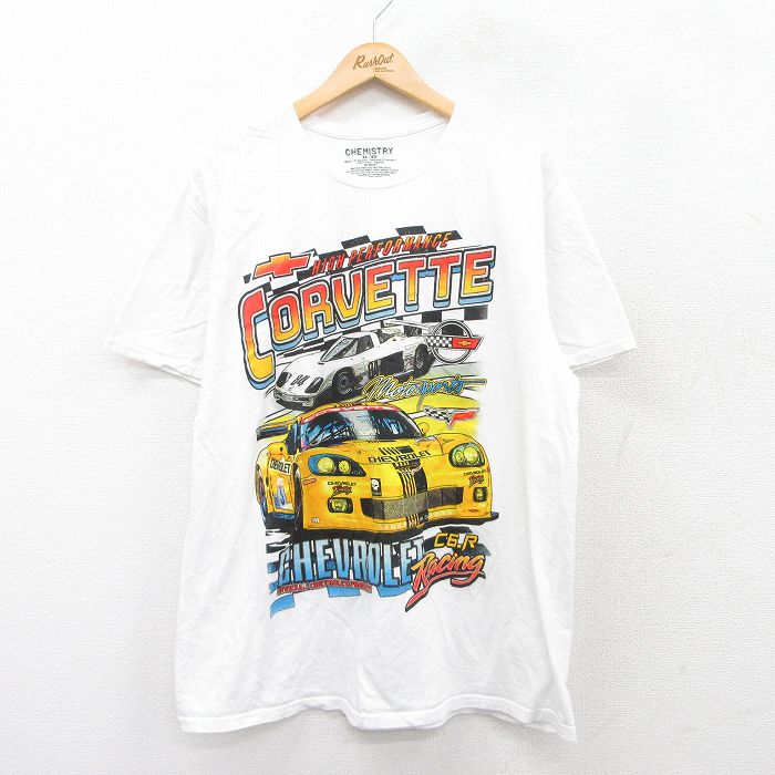 XL★古着 半袖 Tシャツ メンズ レーシングカー シボレー コットン クルーネック 白 ホワイト 25jul26 中古