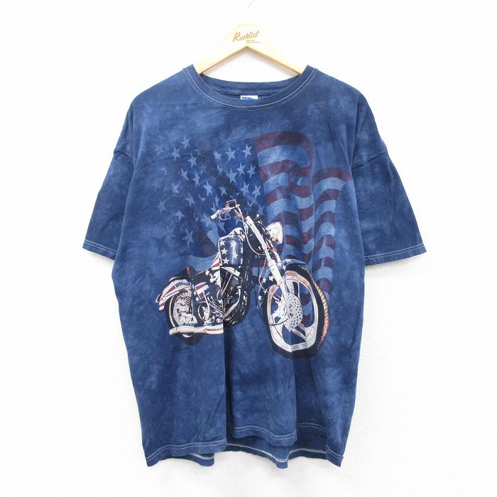 00s 半袖Tシャツ バイク星条旗 ネイビータイダイ XL | 古着