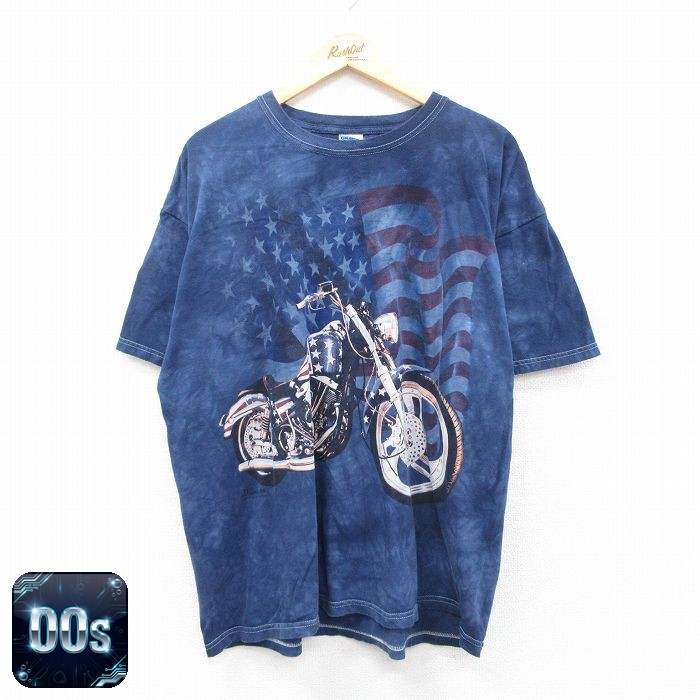 00s 半袖Tシャツ バイク星条旗 ネイビータイダイ XL | 古着