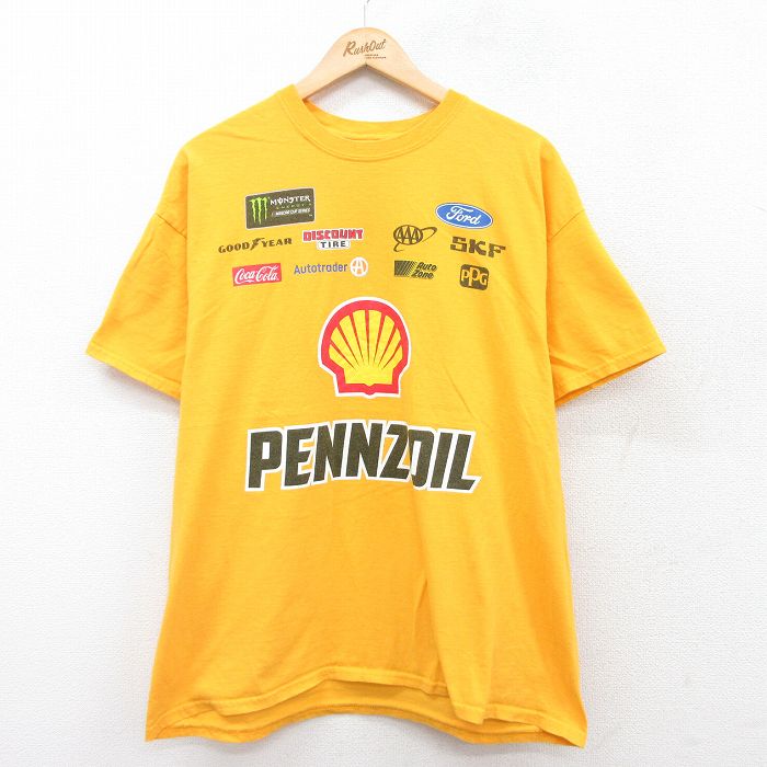 XL★古着 半袖 Tシャツ メンズ シェル PENZOIL コットン クルーネック 黄 イエロー 25jul26 中古