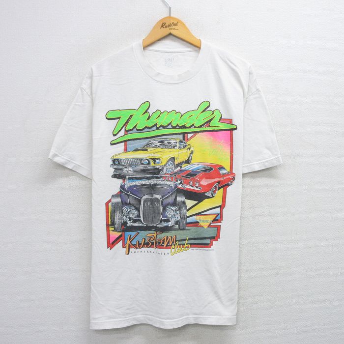 XL★古着 半袖 Tシャツ メンズ Thunder ホットロッド HOT ROD コットン クルーネック USA製 白 ホワイト 25jul28 中古