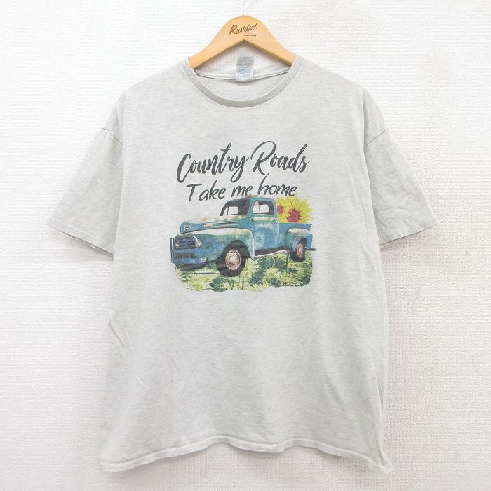 XL★古着 半袖 Tシャツ メンズ 車 花 大きいサイズ クルーネック 薄グレー 霜降り 25jul29 中古
