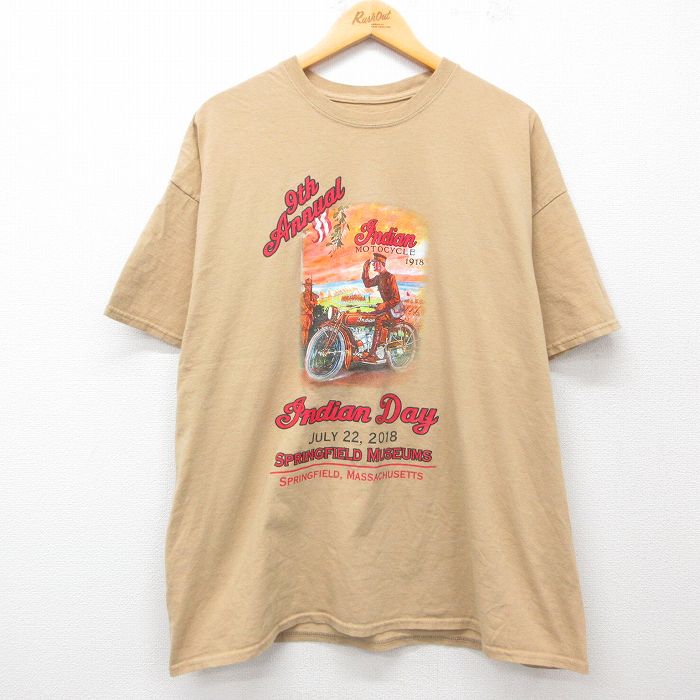 【50%OFF】XL★古着 半袖 Tシャツ メンズ インディアン バイク 大きいサイズ クルーネック 濃ベージュ カーキ 25jul31 中古