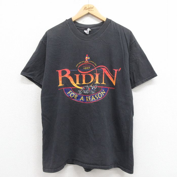 【50%OFF】L★古着 ヘインズ Hanes 半袖 ビンテージ Tシャツ メンズ 90年代 90s RIDIN バイク コットン クルーネック 黒 ブラック 25aug05 中古
