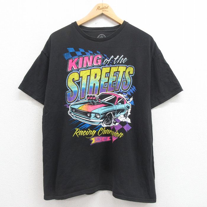 XL★古着 半袖 Tシャツ メンズ レーシングカー コットン クルーネック 黒 ブラック 25aug06 中古