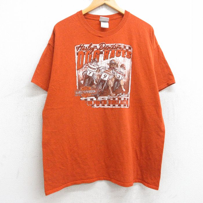 【20%OFF】XL★古着 ハーレーダビッドソン Harley Davidson 半袖 Tシャツ メンズ バイク 犬 ジェームスタウン クルーネック オレンジ 【spe】 25aug07 中古