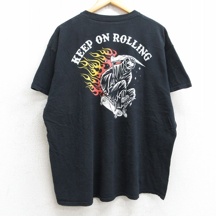 XL★古着 半袖 Tシャツ メンズ 死神 スケボー 大きいサイズ コットン クルーネック 黒 ブラック 25aug07 中古