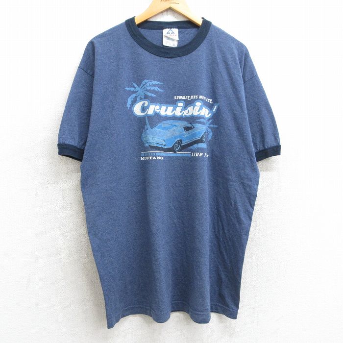 【50%OFF】XL★古着 半袖 ビンテージ Tシャツ メンズ 00年代 00s 車 クラシックカー ロング丈 クルーネック 紺 ネイビー 霜降り リンガー 25aug07 中古