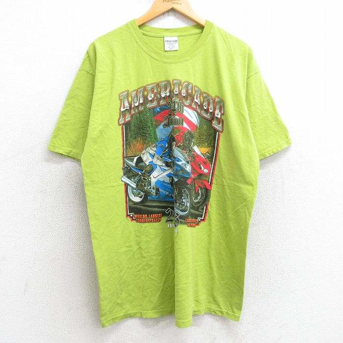 【50%OFF】L★古着 半袖 ビンテージ Tシャツ メンズ 00年代 00s バイク 鳥 アメリカード コットン クルーネック 黄緑 25aug07 中古