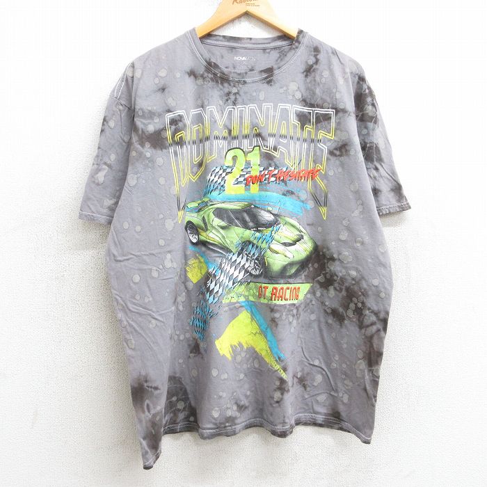 XL★古着 半袖 Tシャツ メンズ レーシングカー DOMINATE 大きいサイズ コットン クルーネック グレー タイダイ 25aug07 中古