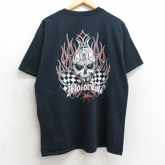 L★古着 半袖 ビンテージ Tシャツ メンズ 00年代 00s スカル フラッグ クルーネック 黒 ブラック 25aug07 中古