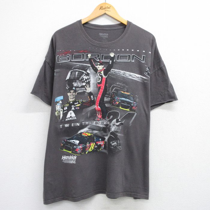 XL★古着 半袖 Tシャツ メンズ NASCAR レーシングカー ジェフゴードン 大きいサイズ コットン クルーネック 濃グレー 霜降り 25aug21 中古