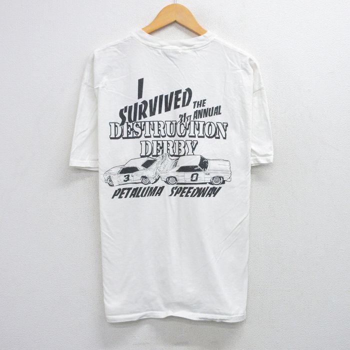 【50%OFF】XL★古着 ヘインズ Hanes 半袖 ビンテージ Tシャツ メンズ 00年代 00s レーシングカー コットン クルーネック 白 ホワイト 25aug21 中古