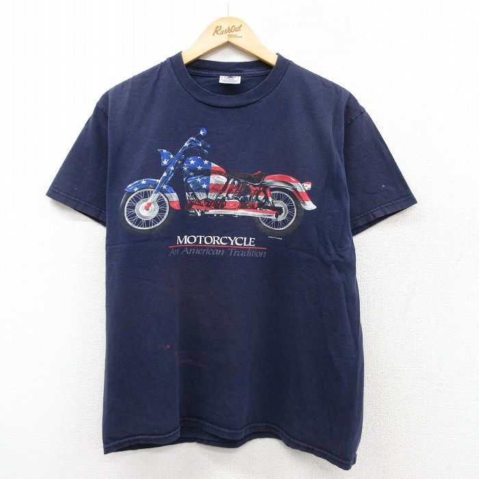 【50%OFF】L★古着 半袖 ビンテージ Tシャツ メンズ 90年代 90s バイク コットン クルーネック 紺 ネイビー 25aug22 中古