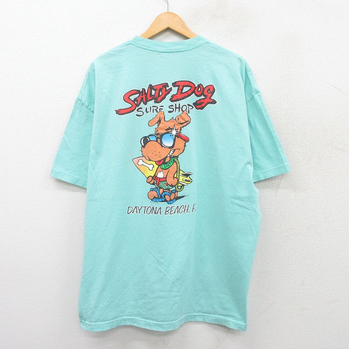 XL★古着 半袖 Tシャツ メンズ 犬 サーフボード 大きいサイズ コットン クルーネック 水色系 25aug22 中古
