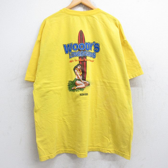 XL★古着 半袖 Tシャツ メンズ サーフボード 女性 大きいサイズ コットン クルーネック 黄色 イエロー 25aug22 中古