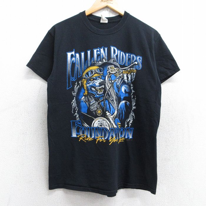 【50%OFF】M★古着 半袖 ビンテージ Tシャツ メンズ 00年代 00s バイク オオカミ コットン クルーネック 黒 ブラック 25aug22 中古