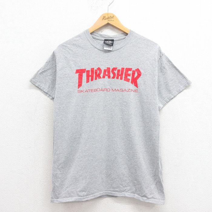 M★古着 スラッシャー 半袖 Tシャツ メンズ ビッグロゴ クルーネック グレー 霜降り 25aug22 中古