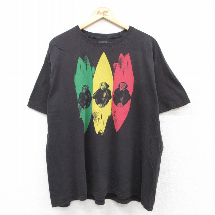 XL★古着 ハンテン HANG TEN 半袖 Tシャツ メンズ サル サーフボード 大きいサイズ コットン クルーネック 黒 ブラック 25aug23 中古