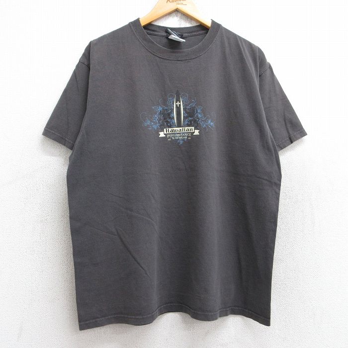 L★古着 半袖 ビンテージ Tシャツ メンズ 00年代 00s サーフボード ハワイアン コットン クルーネック 濃グレー 25aug23 中古