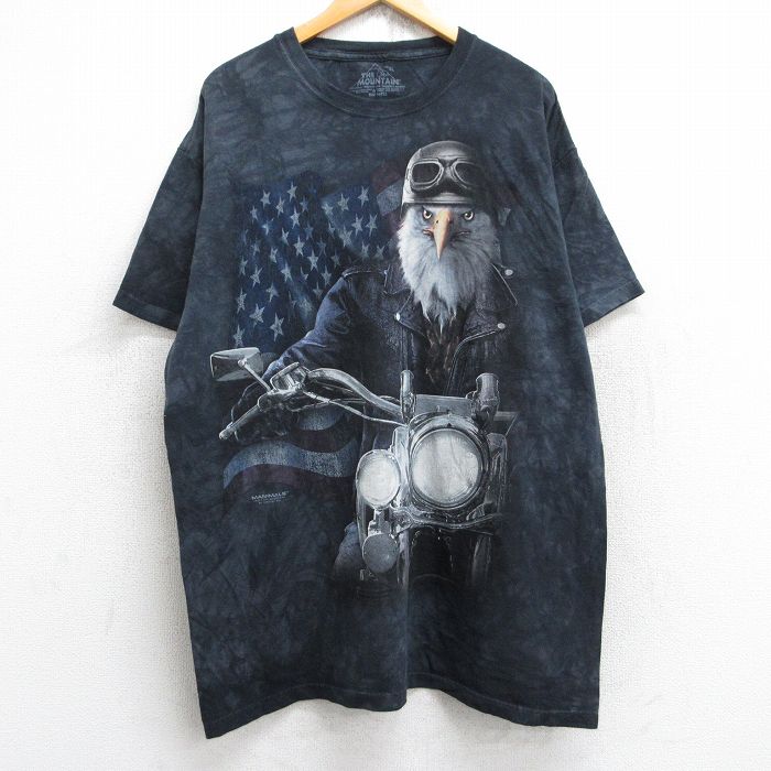 【20%OFF】XL★古着 THE MOUNTAIN 半袖 Tシャツ メンズ 鳥 バイク 星条旗 大きいサイズ ロング丈 コットン クルーネック 黒他 ブラック タイダイ 【spe】 25aug23 中古