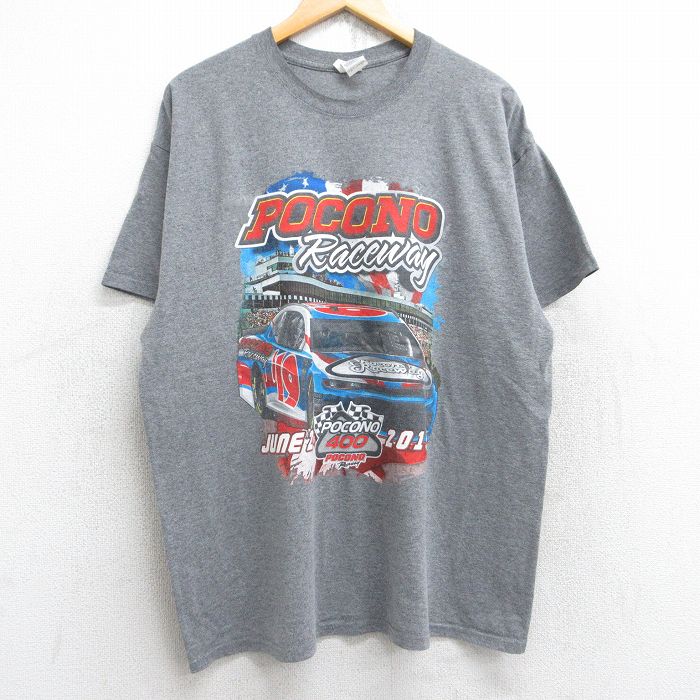 XL★古着 半袖 Tシャツ メンズ レーシングカー ポコノ クルーネック グレー 霜降り 25aug23 中古