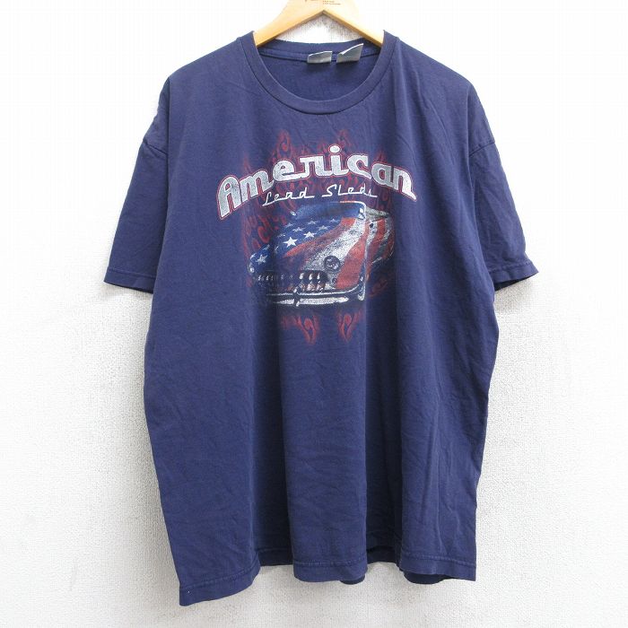 【50%OFF】XL★古着 半袖 Tシャツ メンズ 車 アメリカン 大きいサイズ コットン クルーネック 紺 ネイビー 25aug29 中古