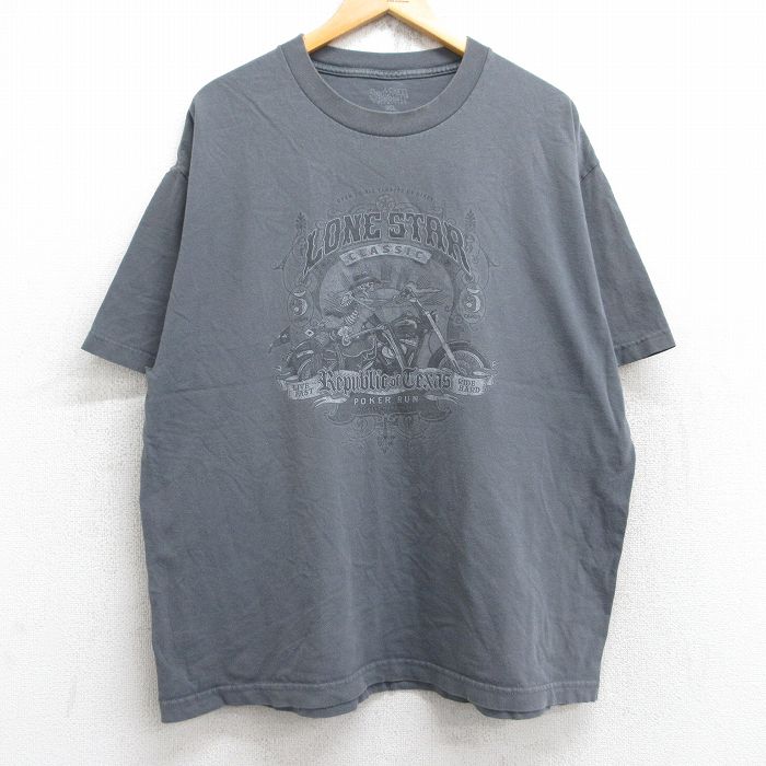XL★古着 半袖 Tシャツ メンズ バイク スケルトン LONESTAR コットン クルーネック 濃グレー 25aug29 中古