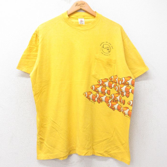 XL★古着 半袖 ビンテージ Tシャツ メンズ 90年代 90s 魚 サーフィン 胸ポケット付き 大きいサイズ コットン クルーネック USA製 黄 イエロー 【spe】 25aug29 中古