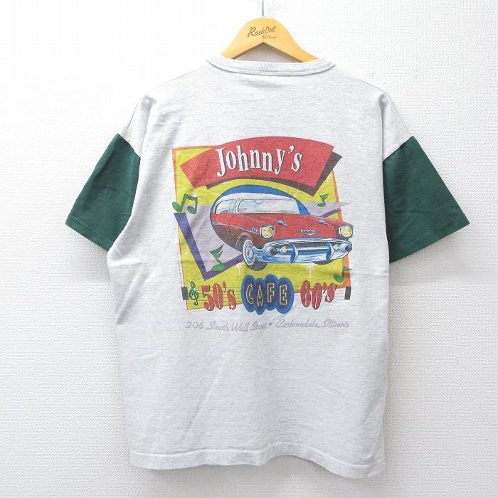 XL★古着 半袖 ビンテージ Tシャツ メンズ 90年代 90s Johnys CAF? 大きいサイズ ヘンリーネック USA製 薄グレー 霜降り他 26apr08