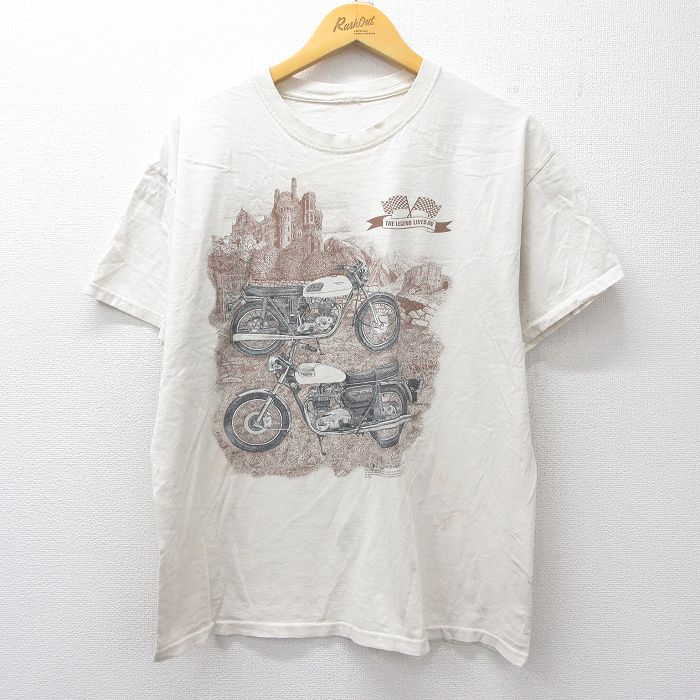 XL★古着 半袖 ビンテージ Tシャツ メンズ 90年代 90s バイク クルーネック 薄ベージュ 26apr08