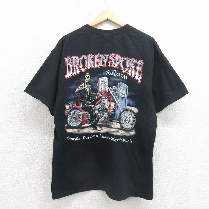XL★古着 半袖 ビンテージ Tシャツ メンズ 00年代 00s スケルトン バイク 胸ポケット付き 大きいサイズ コットン クルーネック ブラック【spe】 26may18