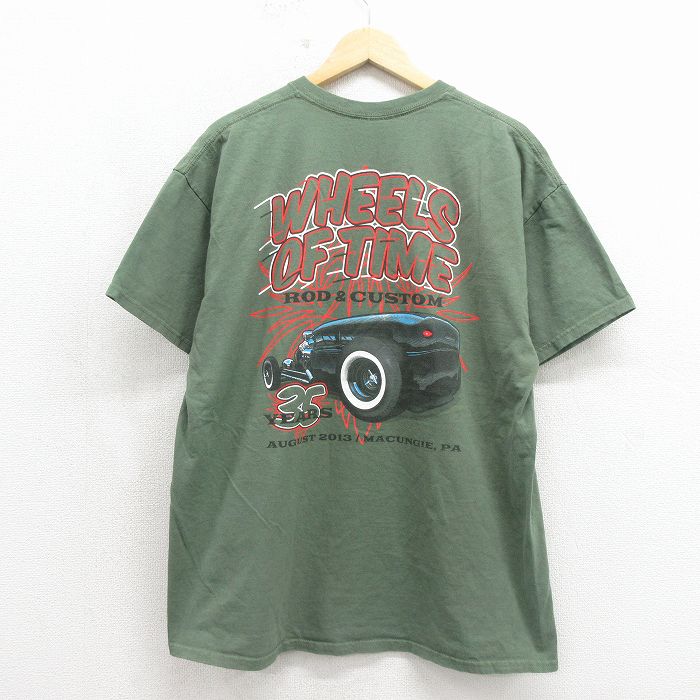 XL★古着 半袖 Tシャツ メンズ ホットロッド コットン クルーネック グリーン 26may18