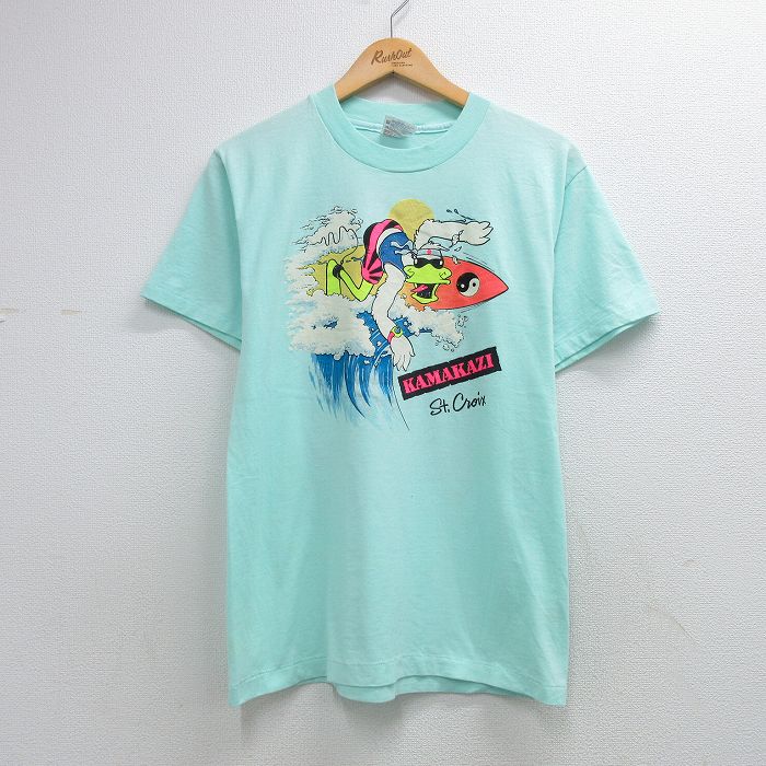 M★古着 ヘインズ 半袖 ビンテージ Tシャツ メンズ 90年代 90s サーフィン 魚 クルーネック USA製 グリーン【spe】 26may26