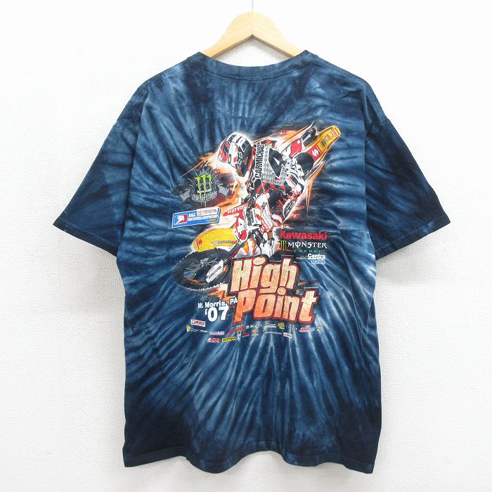XL★古着 半袖 ビンテージ Tシャツ メンズ 00年代 00s モトクロスバイク 大きいサイズ コットン クルーネック ネイビー タイダイ 26may27