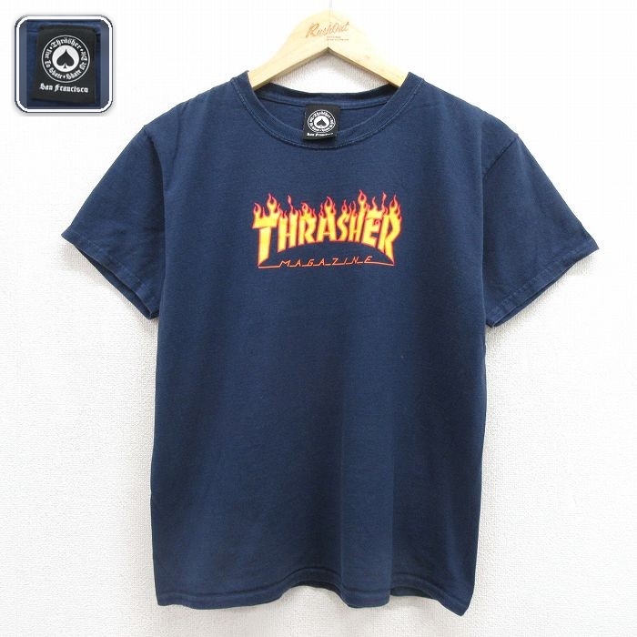 スラッシャー 半袖 Tシャツ ボーイズ ビッグロゴ コットン クルーネック ネイビー M キッズ | 古着
