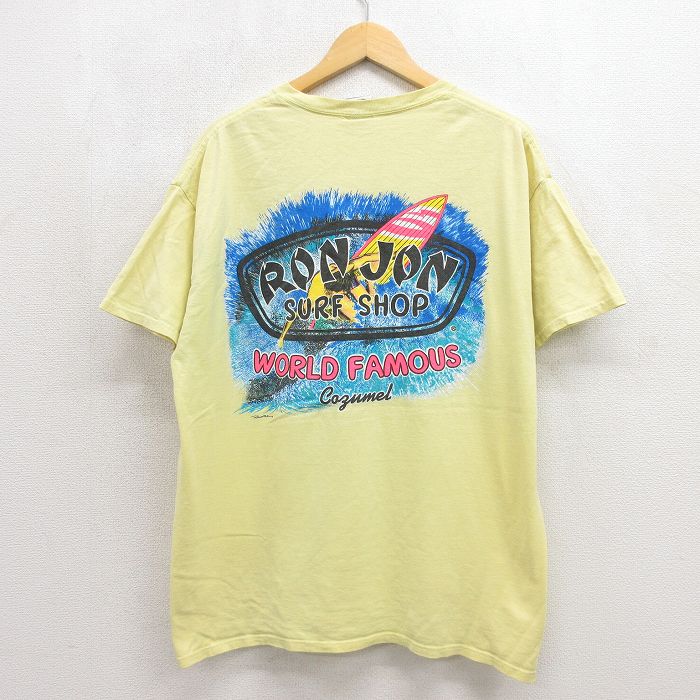 XL★古着 ロンジョン 半袖 Tシャツ メンズ サーフィン コットン クルーネック イエロー 26jul15