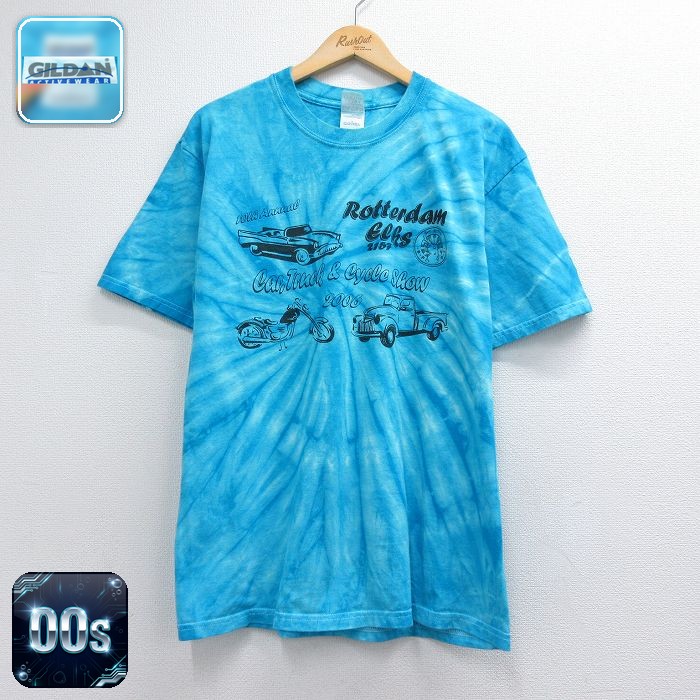 00s 半袖Tシャツ 車バイク タイダイ ライトブルー メンズL相当 | 古着