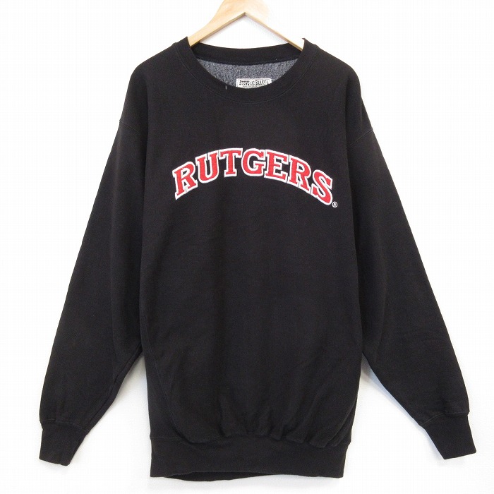 XL★古着 STEVE&BARRYS 長袖 スウェット メンズ ラトガーズ 刺繍 大きいサイズ ロング丈 クルーネック 黒 25nov11