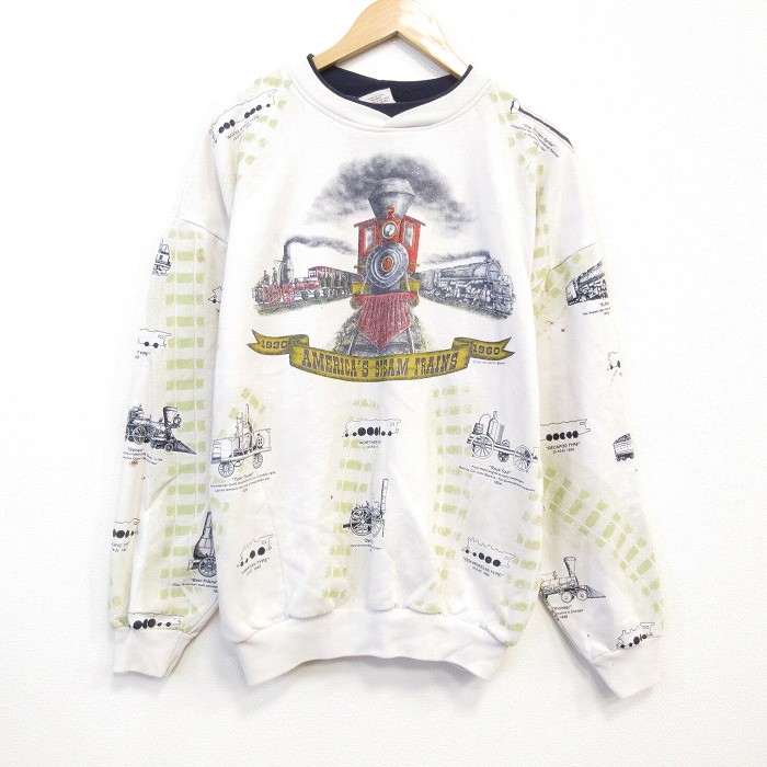 【20%OFF】XL★古着 ART UNLIMITED 長袖 スウェット メンズ 90年代 90s 汽車 大きいサイズ クルーネック USA製 薄ベージュ【spe】 25nov11