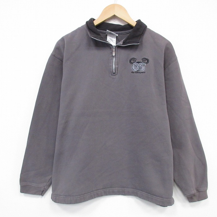 L★古着 長袖 ハーフジップ スウェット メンズ 00年代 00s ディズニー 濃グレー 26jan26