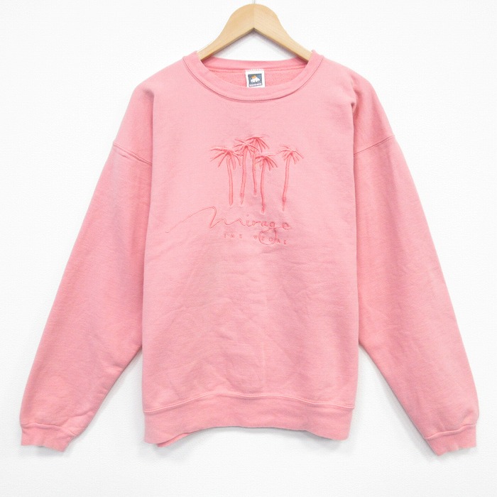 90s 長袖スウェット ヤシの木刺繍 ピンク L | 古着