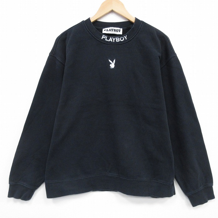 XL★古着 プレイボーイ 長袖 スウェット メンズ ワンポイントロゴ クルーネック 黒 26jan26