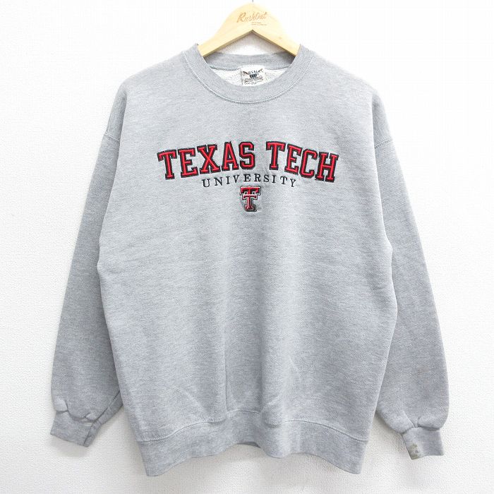 L★古着 長袖 スウェット メンズ 00年代 00s テキサステック 大学 刺繍 クルーネック グレー 霜降り 24feb06 中古 スエット トレーナー トップス
