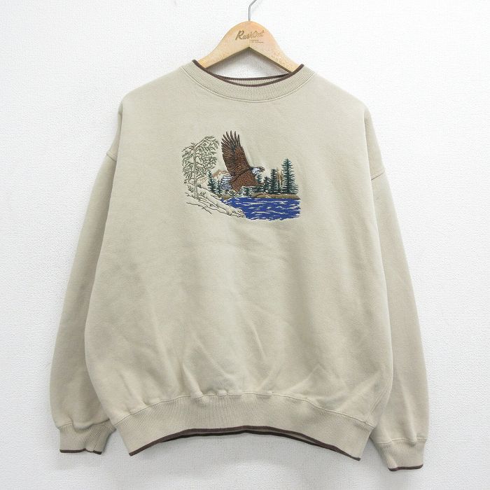 XL★古着 長袖 スウェット メンズ 00年代 00s ワシ 刺繍 大きいサイズ クルーネック ベージュ カーキ 24feb06 中古 スエット トレーナー トップス