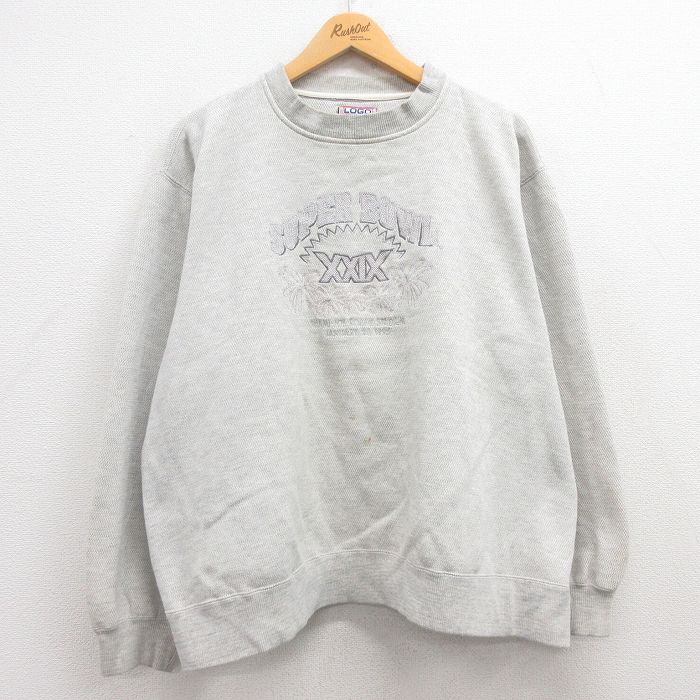 XL★古着 長袖 スウェット メンズ 90年代 90s スーパーボウル ヤシの木 刺繍 大きいサイズ クルーネック 薄グレー 霜降り 【spe】 24mar02 中古 スエット トレーナー トップス